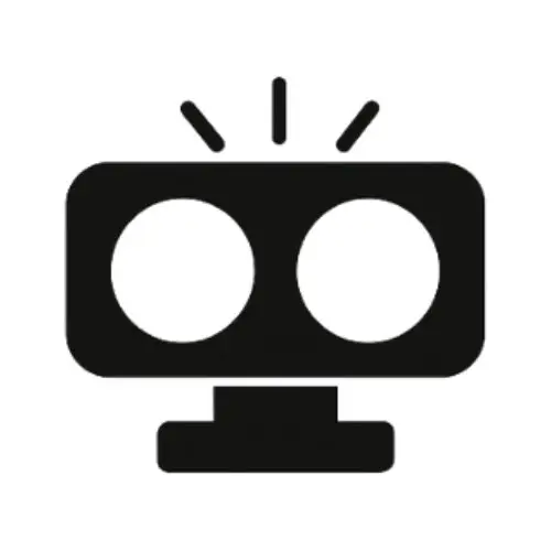 Black robot face icon with two circular eyes and an alert symbol on top.