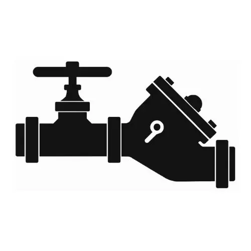 Black silhouette of a water valve and strainer pipe fitting.