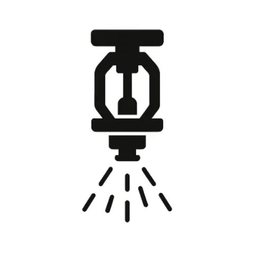 Black and white icon of a fire sprinkler spraying water.