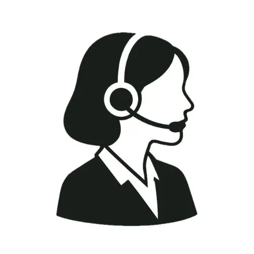 Black and white icon of a female customer service representative with a headset.