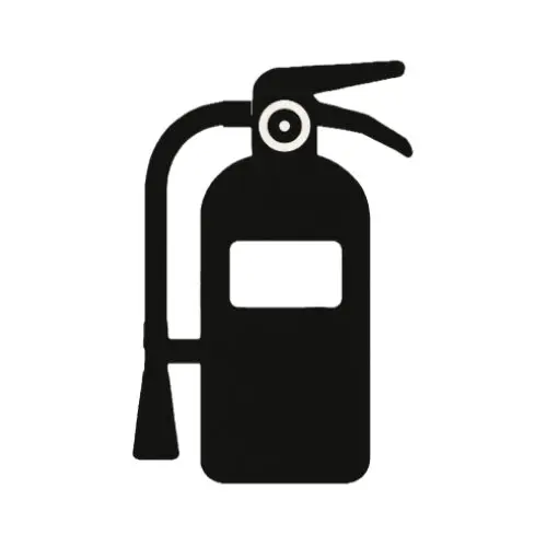 Simple black fire extinguisher icon with hose and handle.