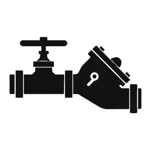 Black silhouette of a valve and pipe fitting on a dark background.