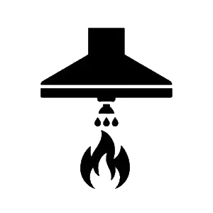 Icon of a kitchen range hood venting smoke and flames.