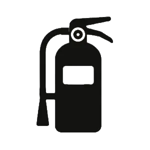 Black and white fire extinguisher icon with simple design.