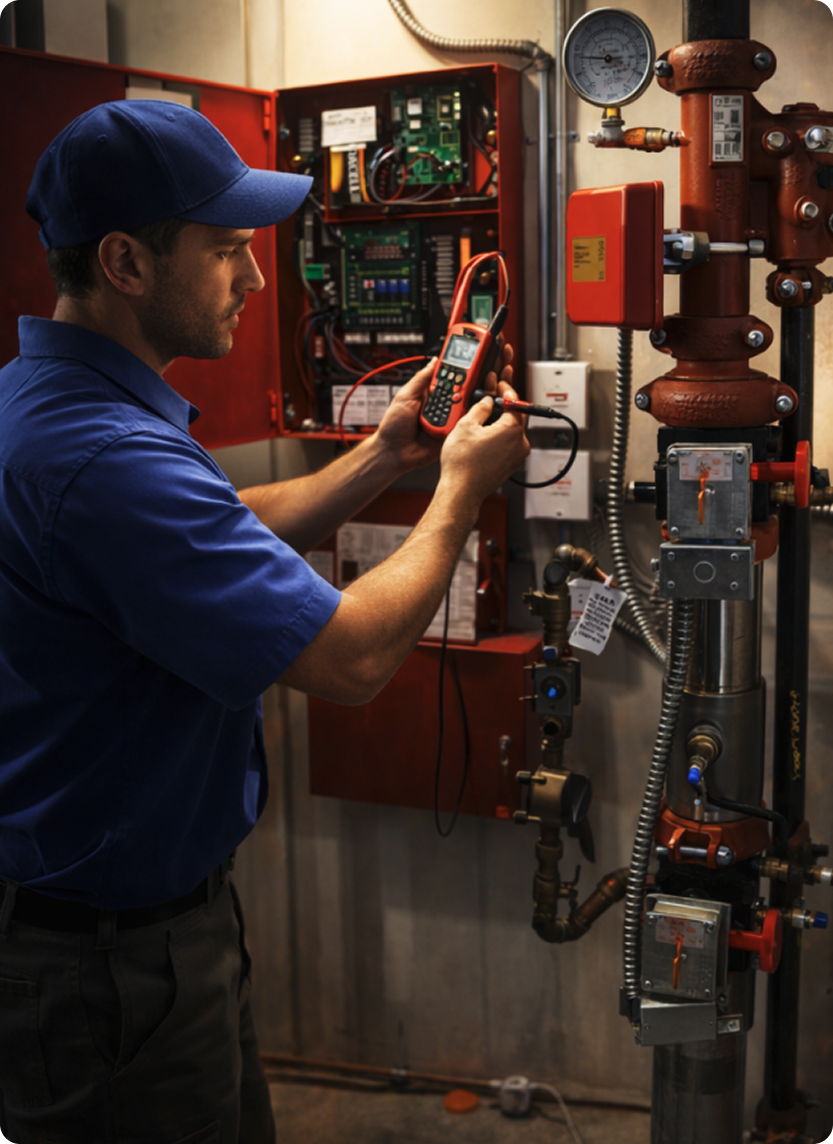 A technician inspects electrical meters and wiring in a utility room.
