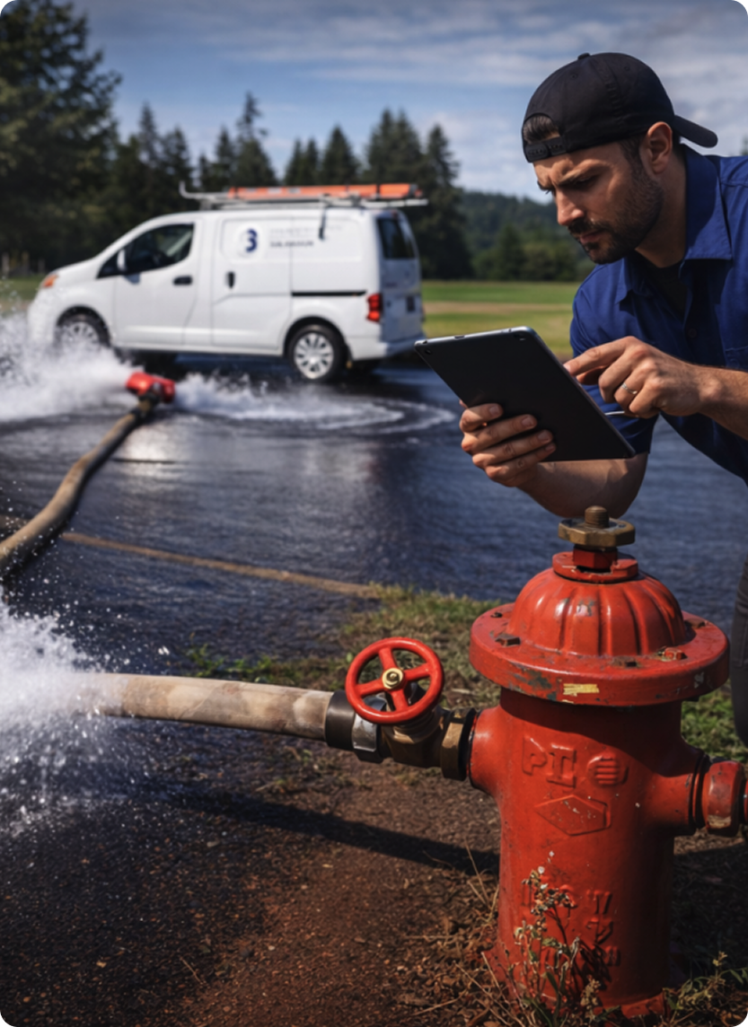 Worker managing water flow from a fire hydrant with a tablet.